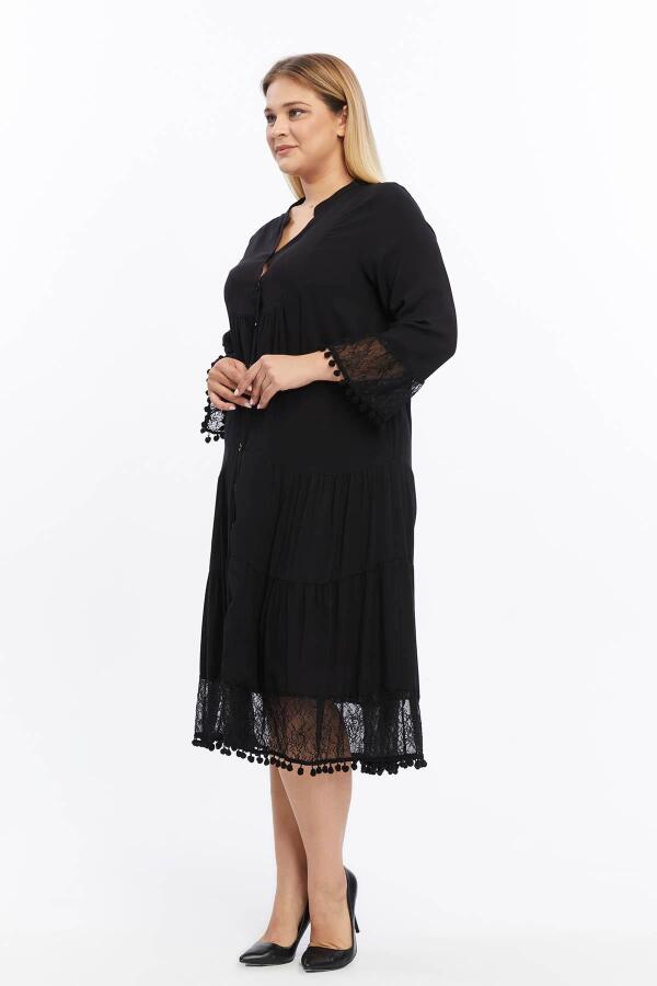 Kol Ve Eteği Dantel Detaylı Ponponlu Büyük Beden Elbise Siyah - 2