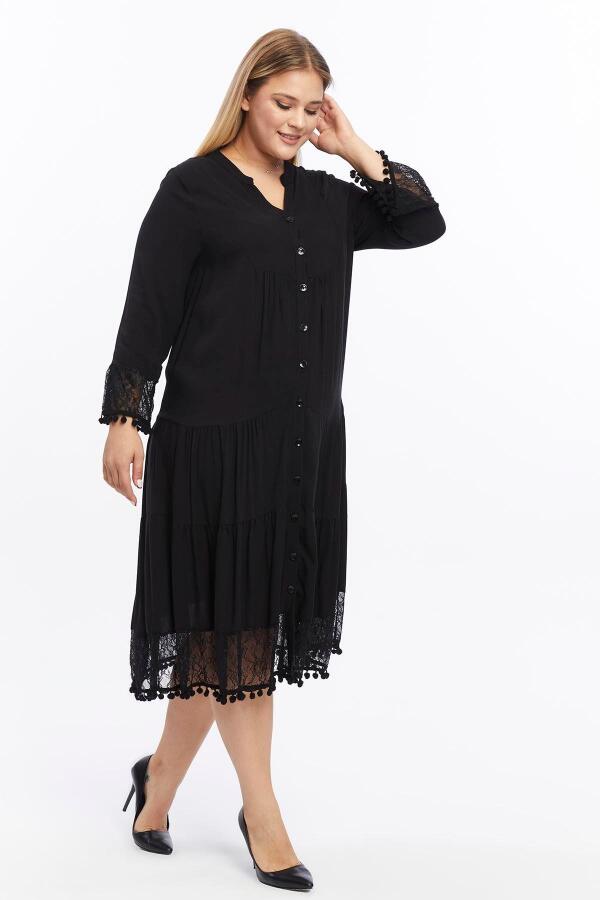Kol Ve Eteği Dantel Detaylı Ponponlu Büyük Beden Elbise Siyah - 3