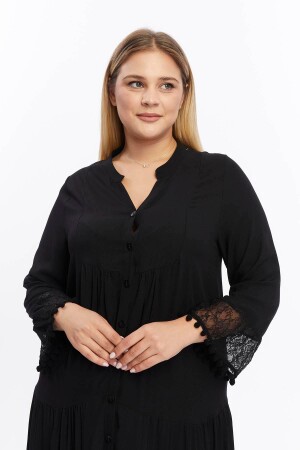 Kol Ve Eteği Dantel Detaylı Ponponlu Büyük Beden Elbise Siyah - 4