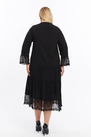 Kol Ve Eteği Dantel Detaylı Ponponlu Büyük Beden Elbise Siyah - 6