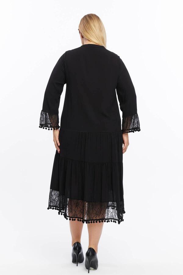 Kol Ve Eteği Dantel Detaylı Ponponlu Büyük Beden Elbise Siyah - 6