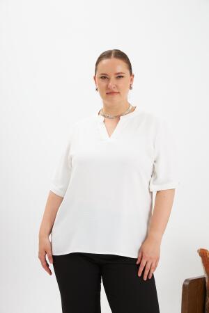 Kol Yırtmaç Detaylı Büyük Beden Bluz Ekru - RMG