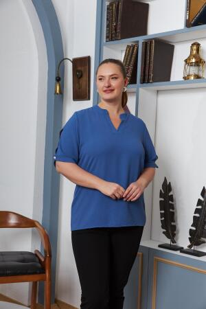 Kol Yırtmaç Detaylı Büyük Beden Bluz İndigo - RMG