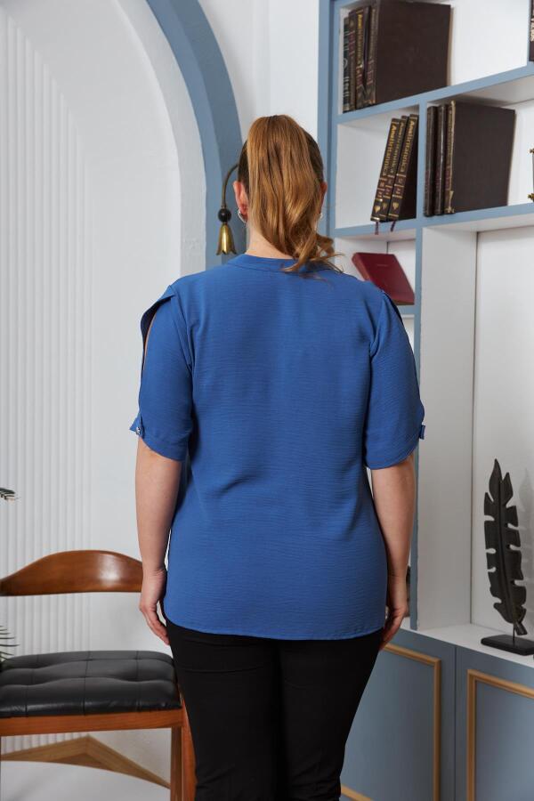 Kol Yırtmaç Detaylı Büyük Beden Bluz İndigo - 3