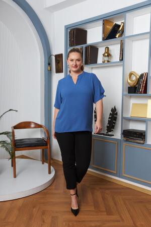 Kol Yırtmaç Detaylı Büyük Beden Bluz İndigo - 4