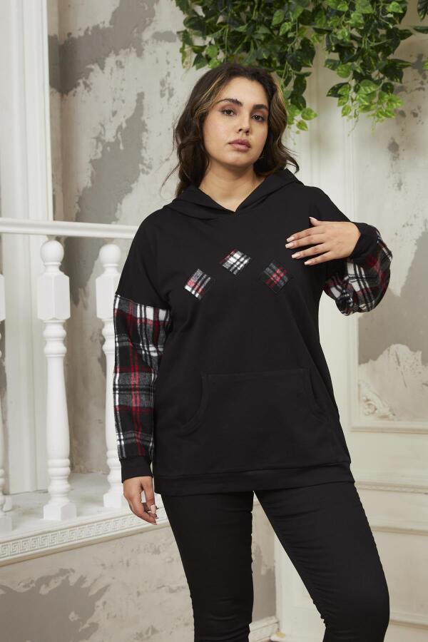 Kollar Ekose Büyük Beden Siyah Sweatshirt - 1