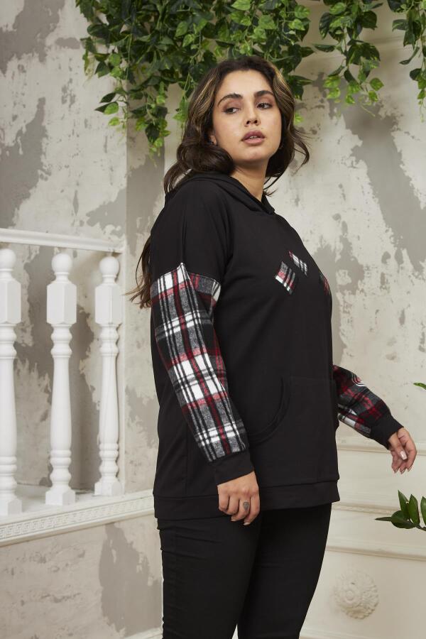 Kollar Ekose Büyük Beden Siyah Sweatshirt - 2
