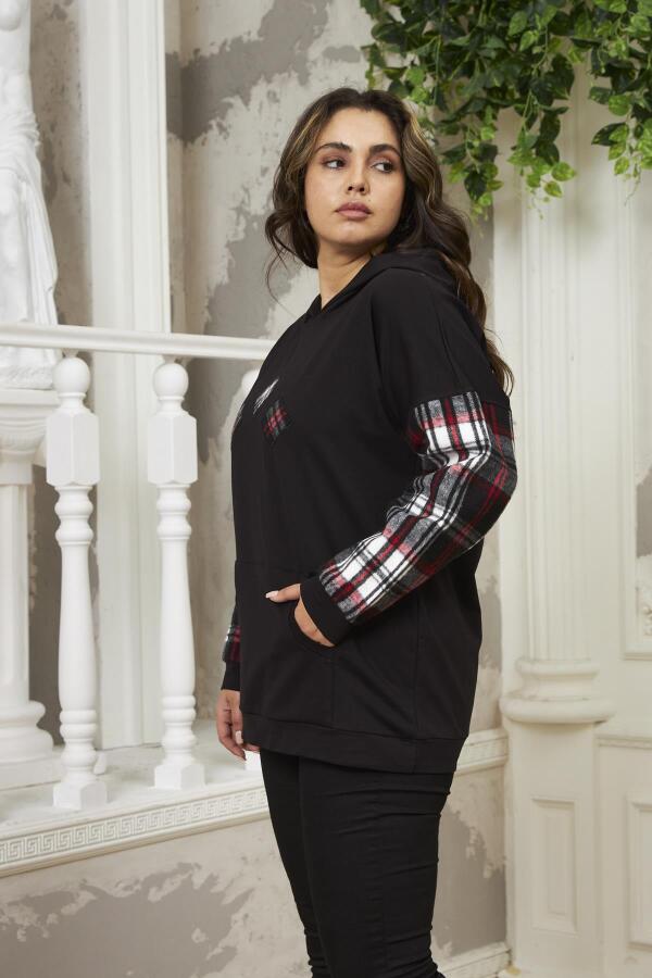 Kollar Ekose Büyük Beden Siyah Sweatshirt - 3