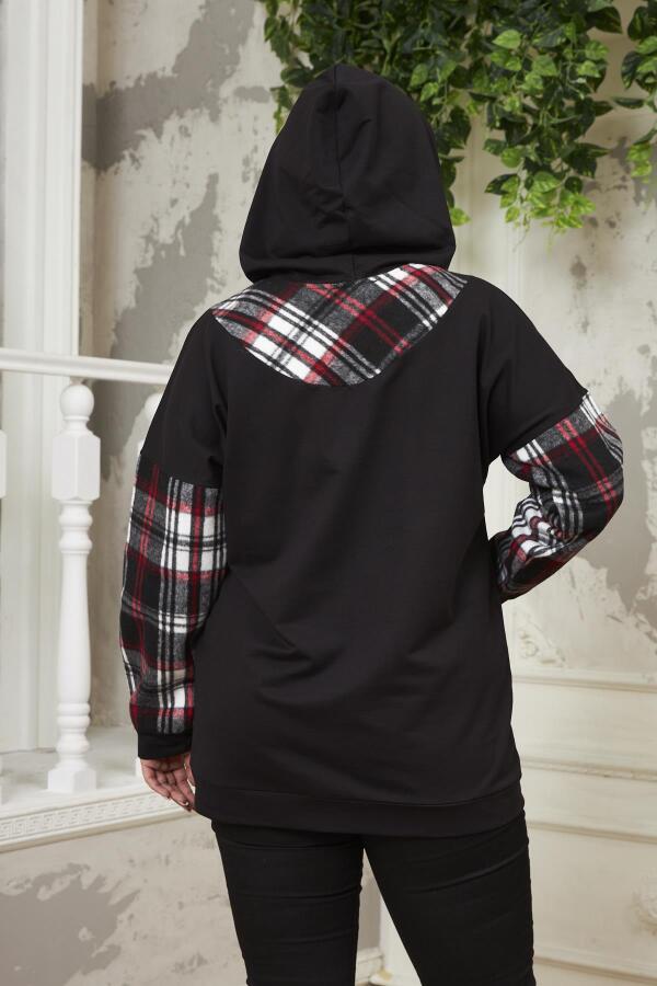 Kollar Ekose Büyük Beden Siyah Sweatshirt - 4