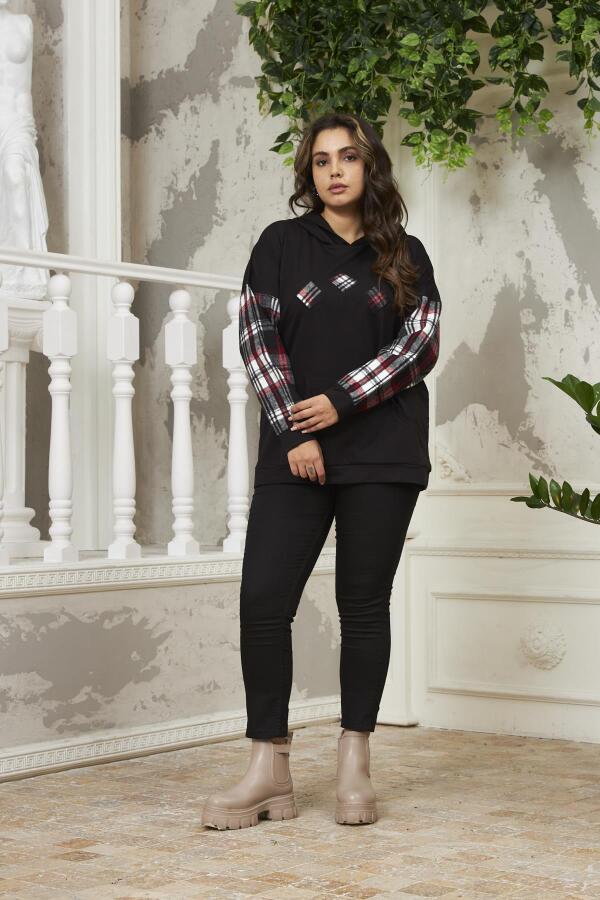 Kollar Ekose Büyük Beden Siyah Sweatshirt - 5
