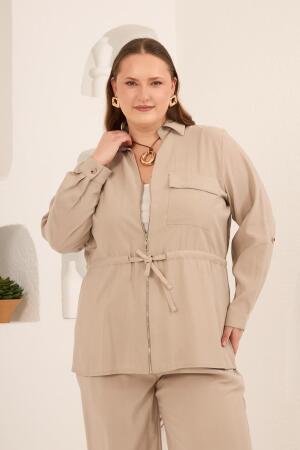 Kolları Piliseli Bel Bağcık Detaylı Kadın Büyük Beden Ceket Bej - RMG