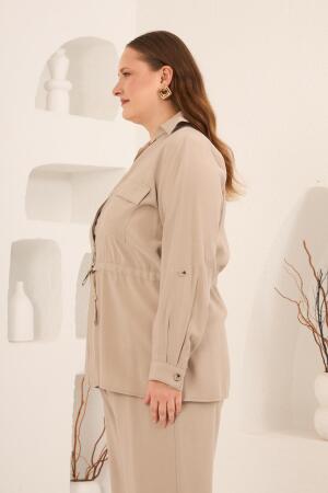 Kolları Piliseli Bel Bağcık Detaylı Kadın Büyük Beden Ceket Bej - 3