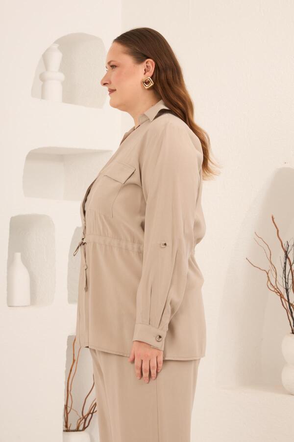 Kolları Piliseli Bel Bağcık Detaylı Kadın Büyük Beden Ceket Bej - 3