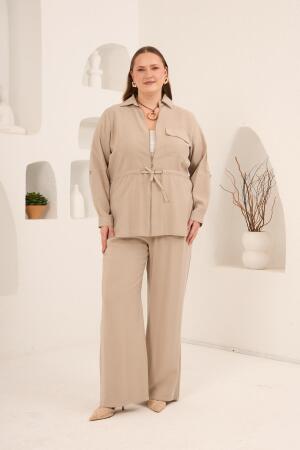 Kolları Piliseli Bel Bağcık Detaylı Kadın Büyük Beden Ceket Bej - 4