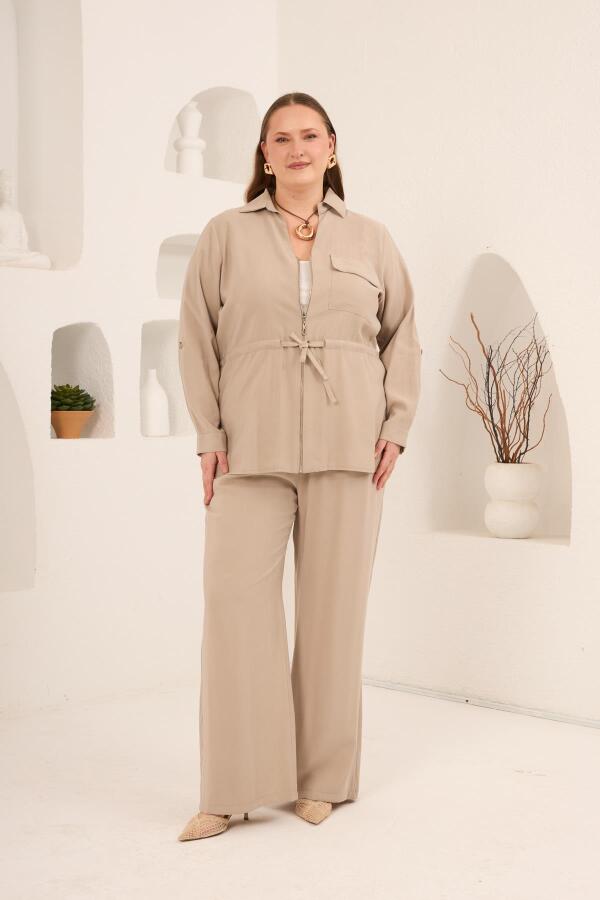 Kolları Piliseli Bel Bağcık Detaylı Kadın Büyük Beden Ceket Bej - 4