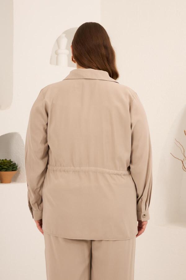Kolları Piliseli Bel Bağcık Detaylı Kadın Büyük Beden Ceket Bej - 5