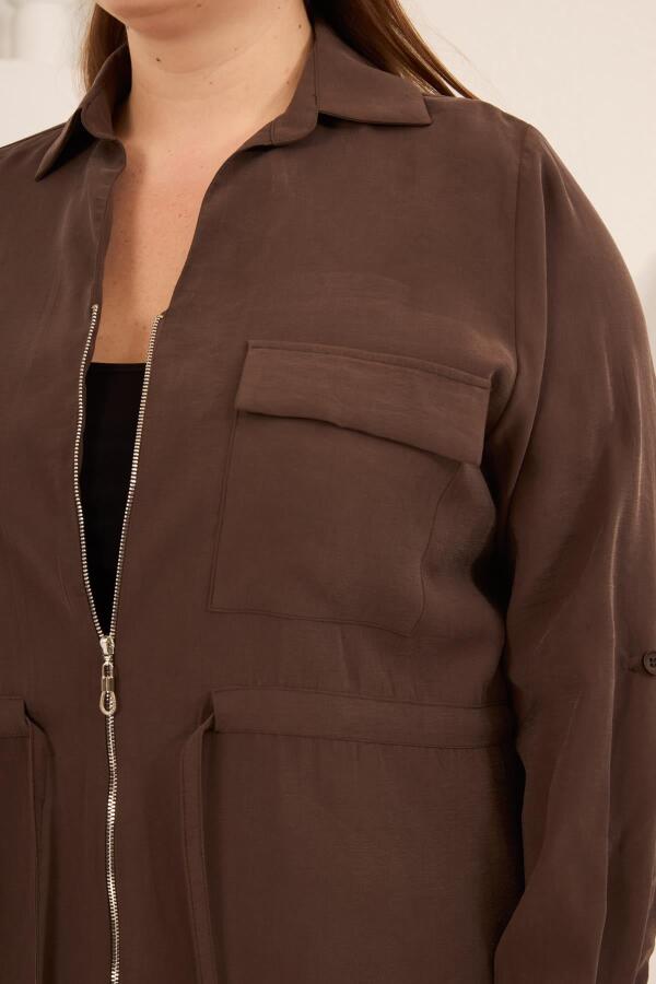 Kolları Piliseli Bel Bağcık Detaylı Kadın Büyük Beden Ceket Kahve - 2