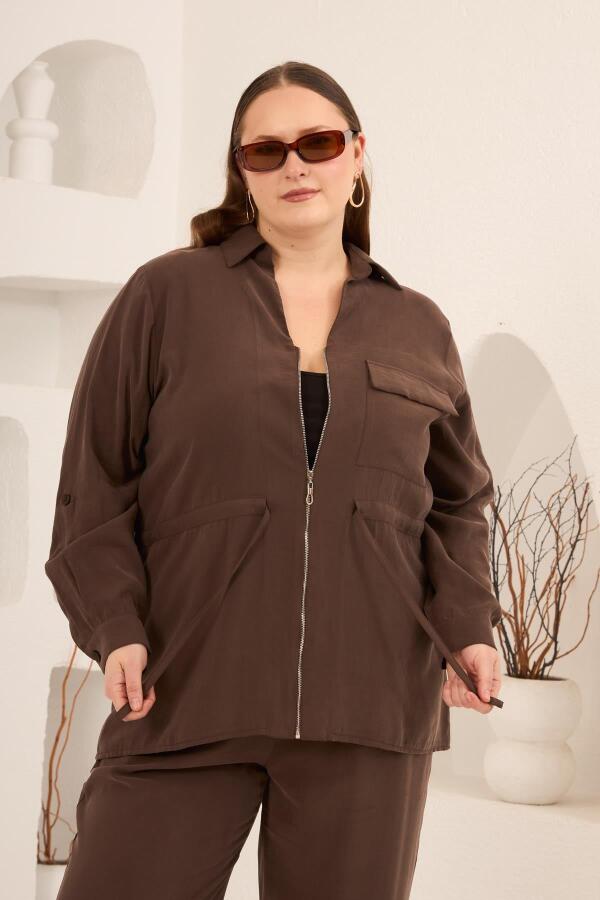 Kolları Piliseli Bel Bağcık Detaylı Kadın Büyük Beden Ceket Kahve - 4