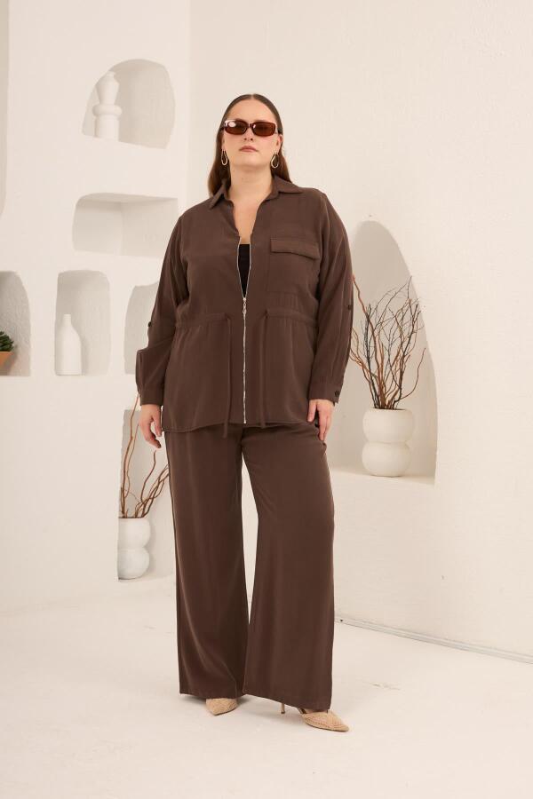 Kolları Piliseli Bel Bağcık Detaylı Kadın Büyük Beden Ceket Kahve - 5