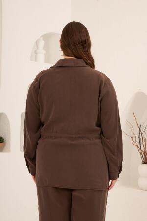 Kolları Piliseli Bel Bağcık Detaylı Kadın Büyük Beden Ceket Kahve - 6