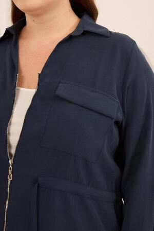 Kolları Piliseli Bel Bağcık Detaylı Kadın Büyük Beden Ceket Lacivert - RMG (1)