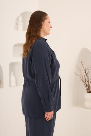 Kolları Piliseli Bel Bağcık Detaylı Kadın Büyük Beden Ceket Lacivert - 3
