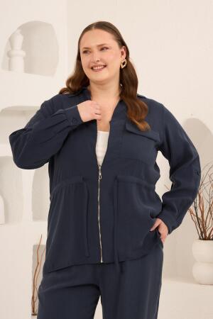 Kolları Piliseli Bel Bağcık Detaylı Kadın Büyük Beden Ceket Lacivert - 4