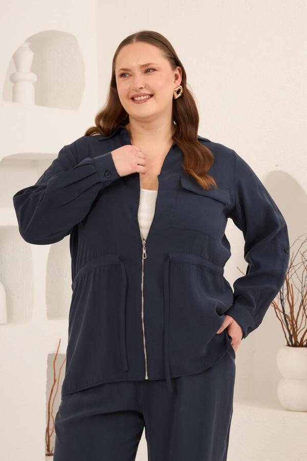 Kolları Piliseli Bel Bağcık Detaylı Kadın Büyük Beden Ceket Lacivert - 4