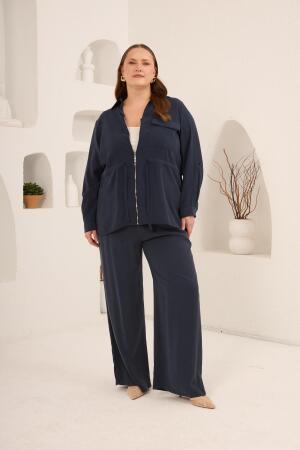 Kolları Piliseli Bel Bağcık Detaylı Kadın Büyük Beden Ceket Lacivert - 5