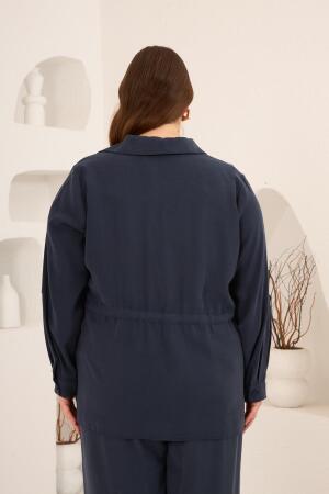 Kolları Piliseli Bel Bağcık Detaylı Kadın Büyük Beden Ceket Lacivert - 6