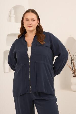 Kolları Piliseli Bel Bağcık Detaylı Kadın Büyük Beden Ceket Lacivert - RMG