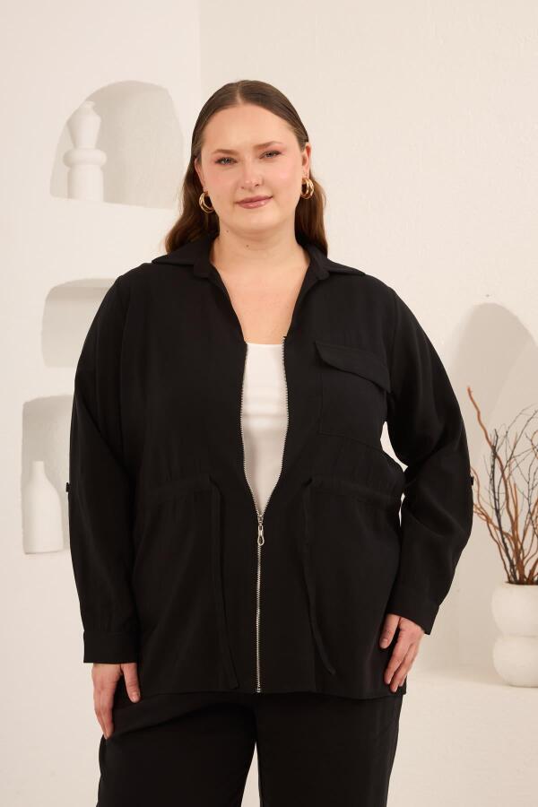 Kolları Piliseli Bel Bağcık Detaylı Kadın Büyük Beden Ceket Siyah - 1
