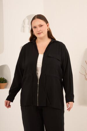 Kolları Piliseli Bel Bağcık Detaylı Kadın Büyük Beden Ceket Siyah - 3