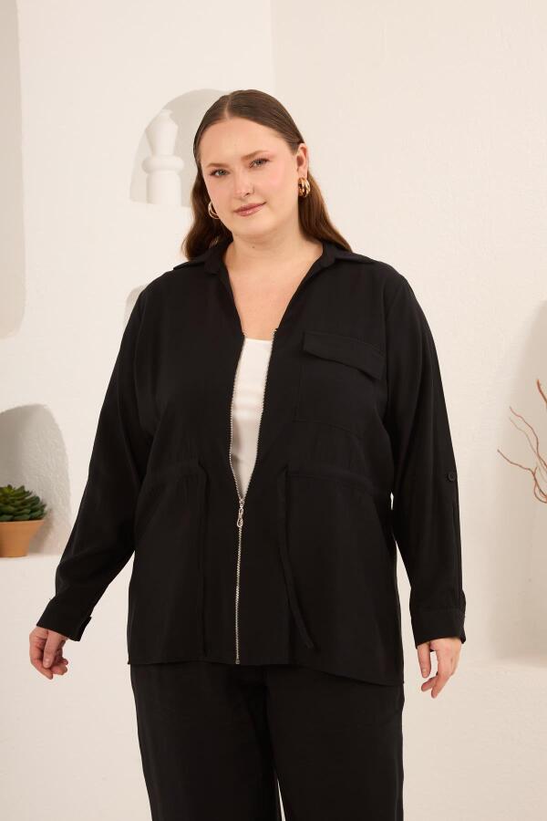 Kolları Piliseli Bel Bağcık Detaylı Kadın Büyük Beden Ceket Siyah - 3