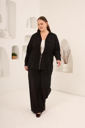 Kolları Piliseli Bel Bağcık Detaylı Kadın Büyük Beden Ceket Siyah - 5