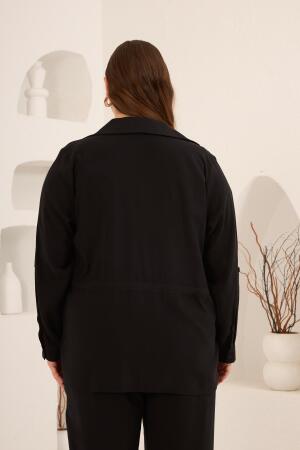 Kolları Piliseli Bel Bağcık Detaylı Kadın Büyük Beden Ceket Siyah - 6