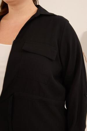 Kolları Piliseli Bel Bağcık Detaylı Kadın Büyük Beden Ceket Siyah - RMG (1)