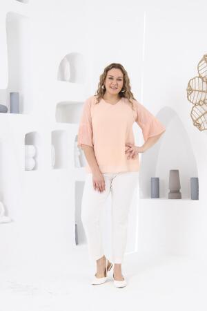 Kolları Piliseli Büyük Beden Bebe Pudra Bluz - 5