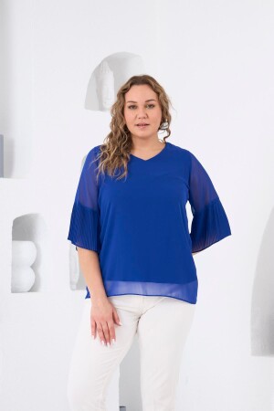 Kolları Piliseli Büyük Beden Saks Bluz - 1