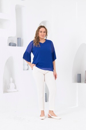 Kolları Piliseli Büyük Beden Saks Bluz - 4