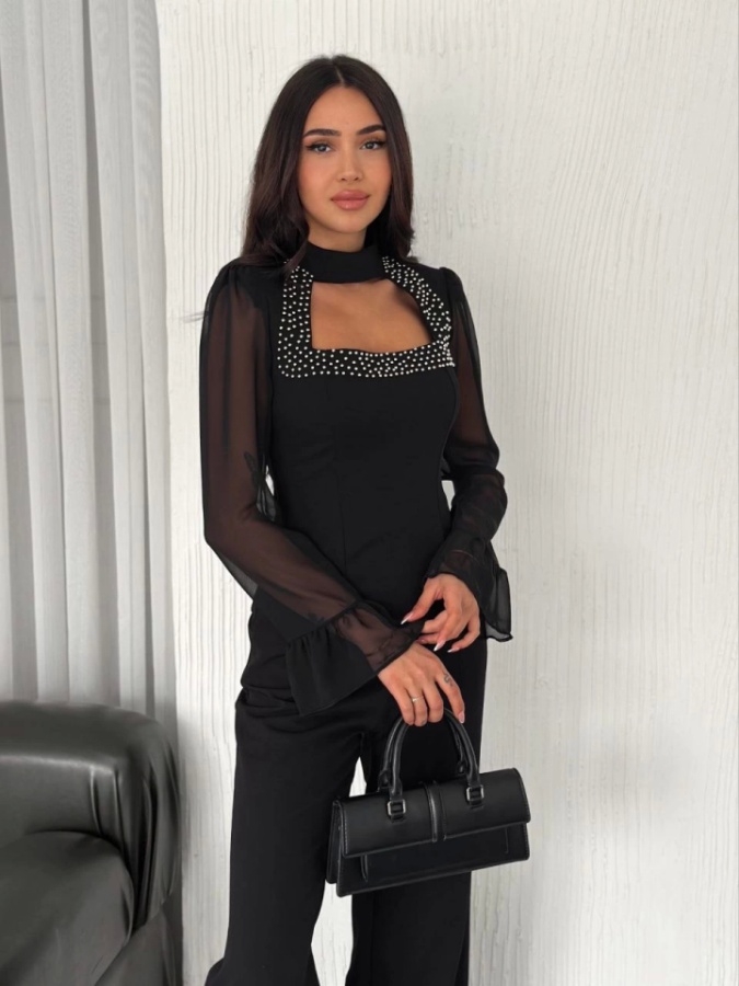 Kolları Şifon Göğüste İnci Boncuk Detaylı Bluz - Siyah - 3