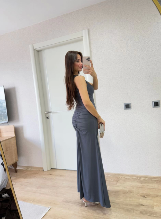Kolsuz Büzgülü Uzun Elbise - Füme - 4