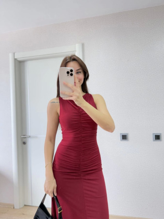 Kolsuz Büzgülü Uzun Elbise - Kırmızı - 1