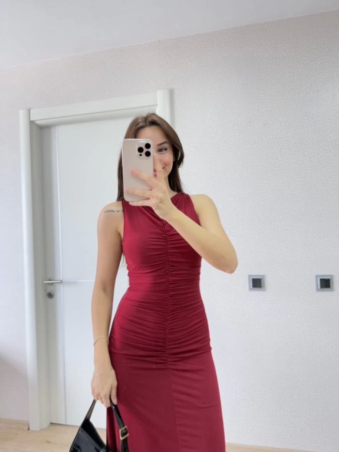 Kolsuz Büzgülü Uzun Elbise - Kırmızı - 1