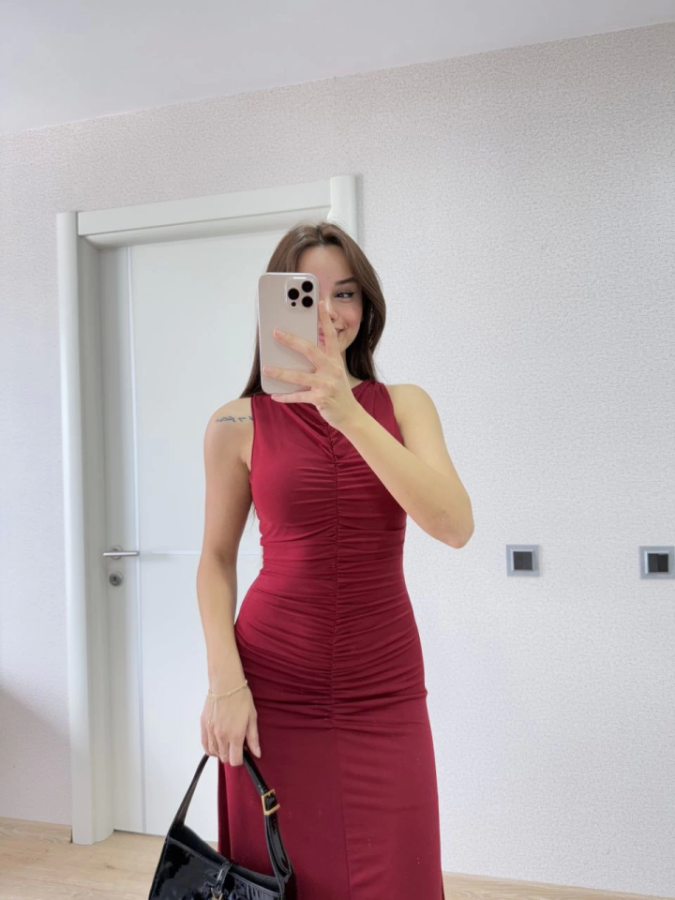 Kolsuz Büzgülü Uzun Elbise - Kırmızı - 3