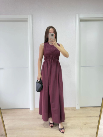 Kolsuz Göğüs Lastıklı Uzun Elbise - Bordo - 3