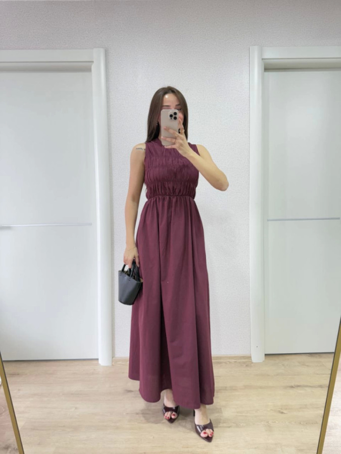 Kolsuz Göğüs Lastıklı Uzun Elbise - Bordo - 3