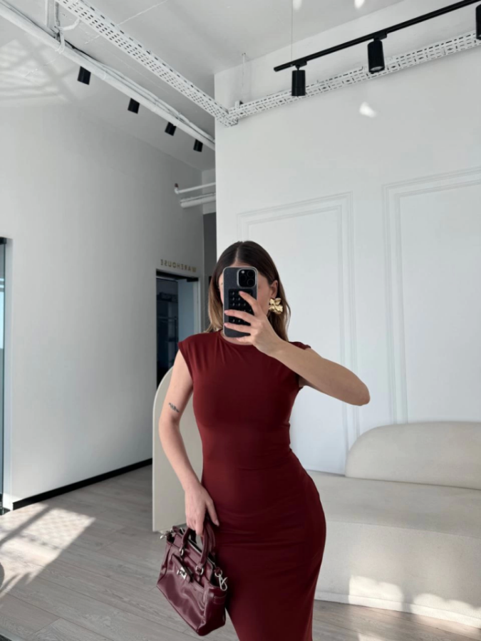 Kolsuz Uzun Likralı Elbise - Bordo - 1