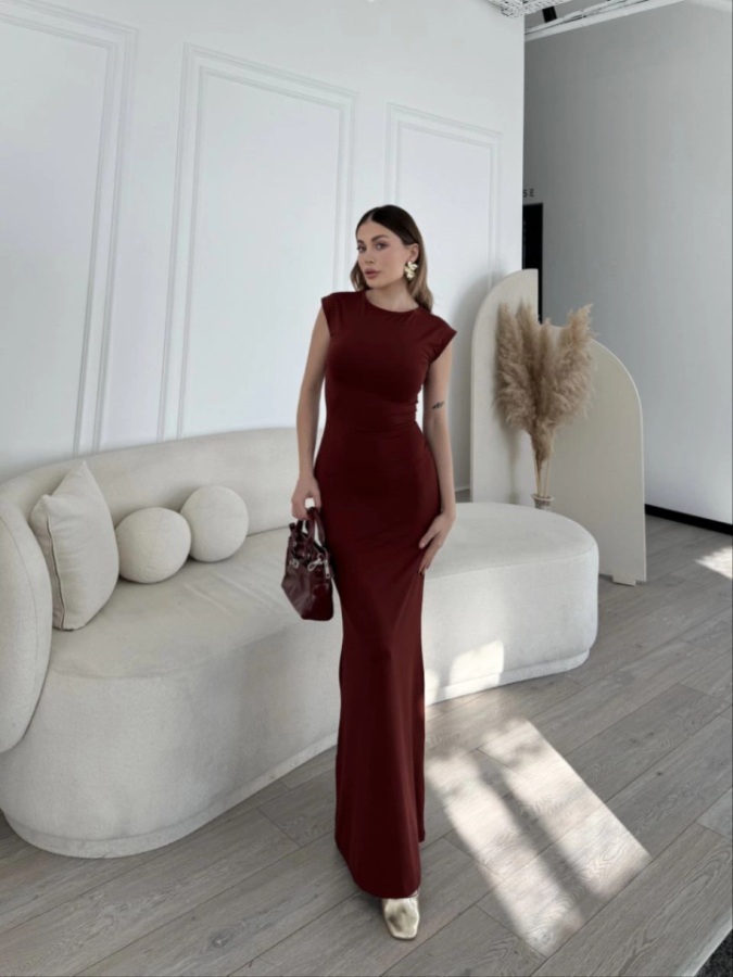Kolsuz Uzun Likralı Elbise - Bordo - 2