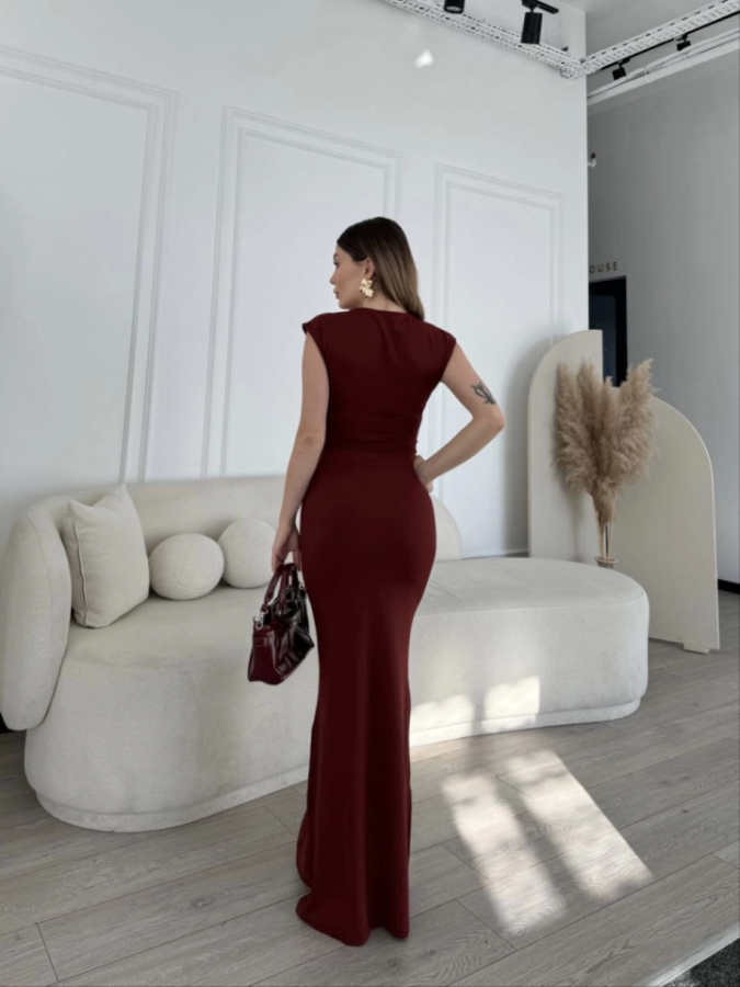 Kolsuz Uzun Likralı Elbise - Bordo - 3